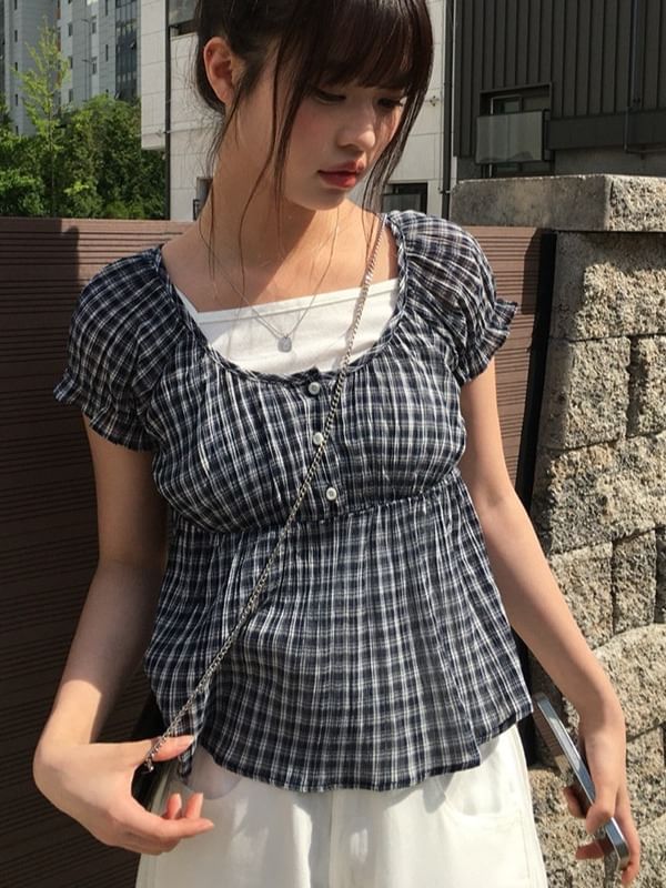 Plaid Peplum Short-Sleeved Blouse