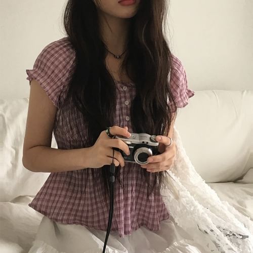 Plaid Peplum Short-Sleeved Blouse