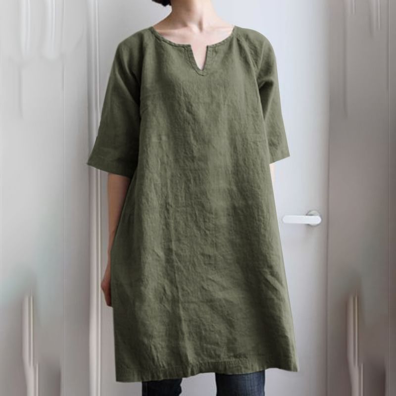 Notch-Neck Short-Sleeved Plain Tunic Blouse