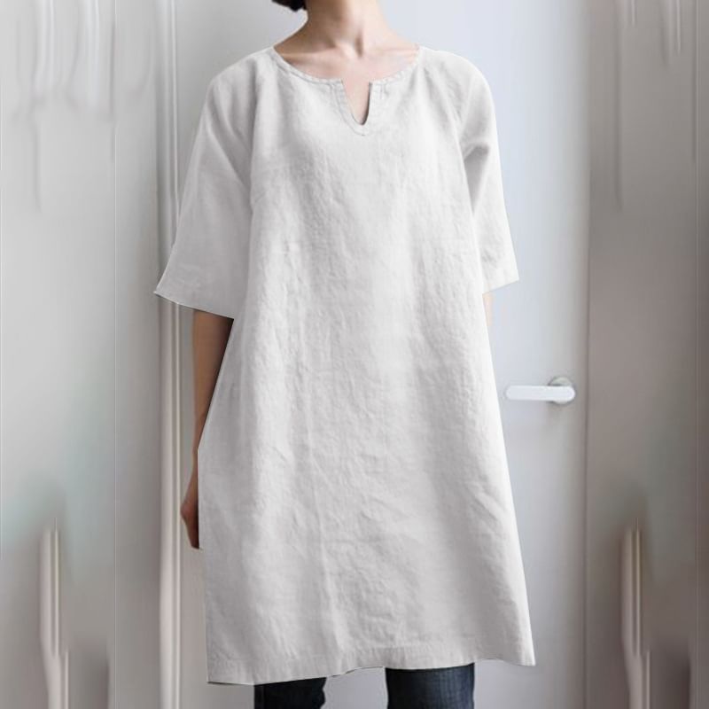 Notch-Neck Short-Sleeved Plain Tunic Blouse