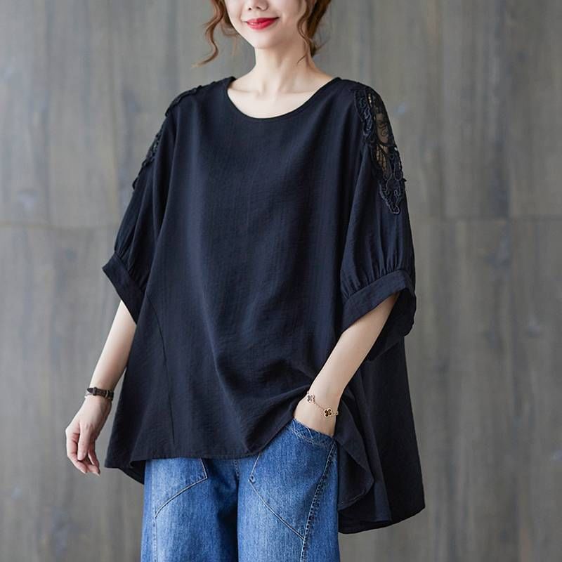 Asymmetric Lace-Panelled Three-Quarter Sleeved Round-Neck Tee