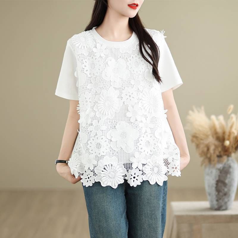 Lace-Panelled Crew-Neck Short-Sleeved Plain Tee
