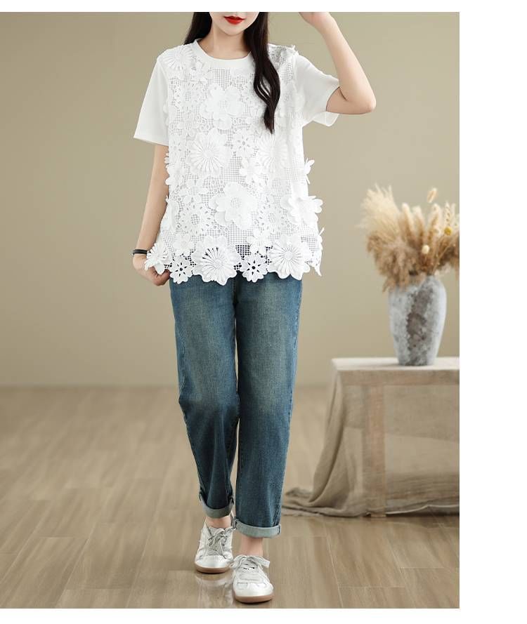 Lace-Panelled Crew-Neck Short-Sleeved Plain Tee