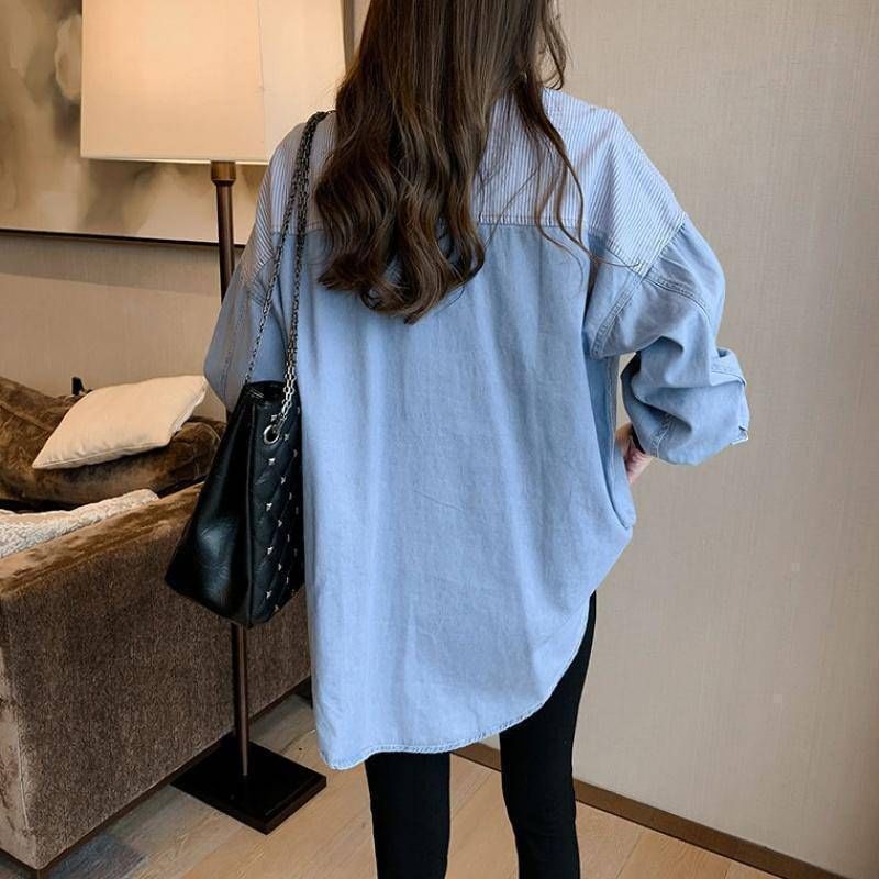 Striped Panelled Long-Sleeved Denim Shirt