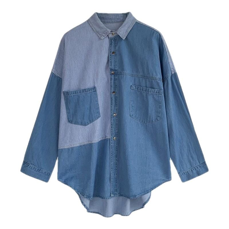 Striped Panelled Long-Sleeved Denim Shirt