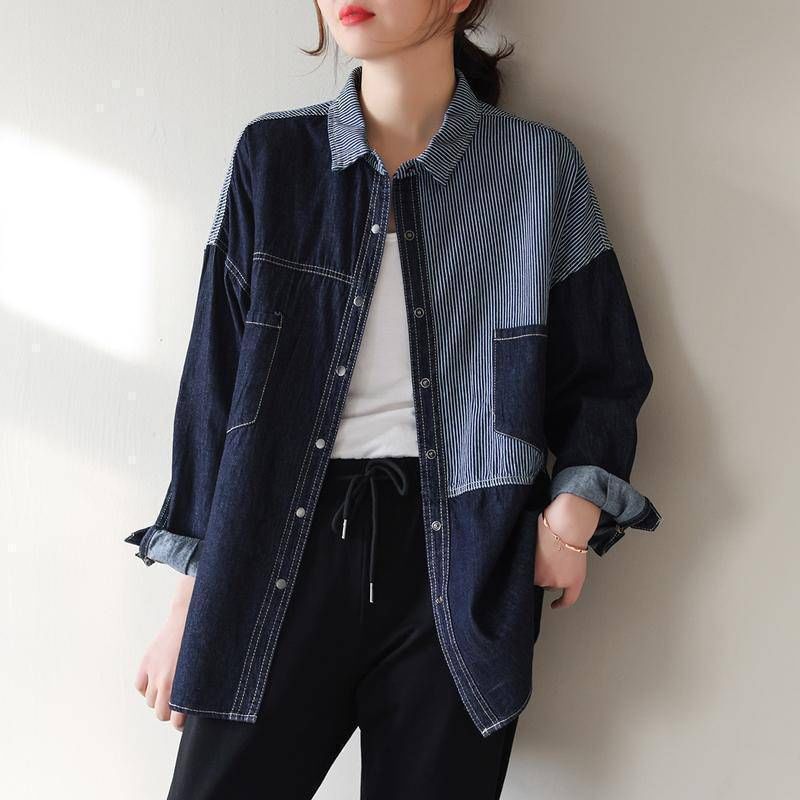 Striped Panelled Long-Sleeved Denim Shirt