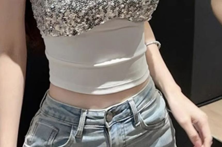 Padded Sequin Cropped Camisole Top
