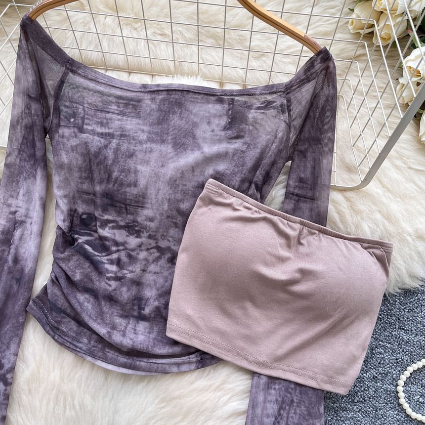 Flared-Sleeved Off-Shoulder Plaid Tee with Plain Tube Top Set