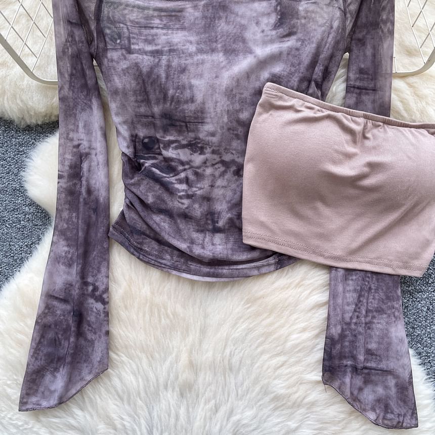 Flared-Sleeved Off-Shoulder Plaid Tee with Plain Tube Top Set