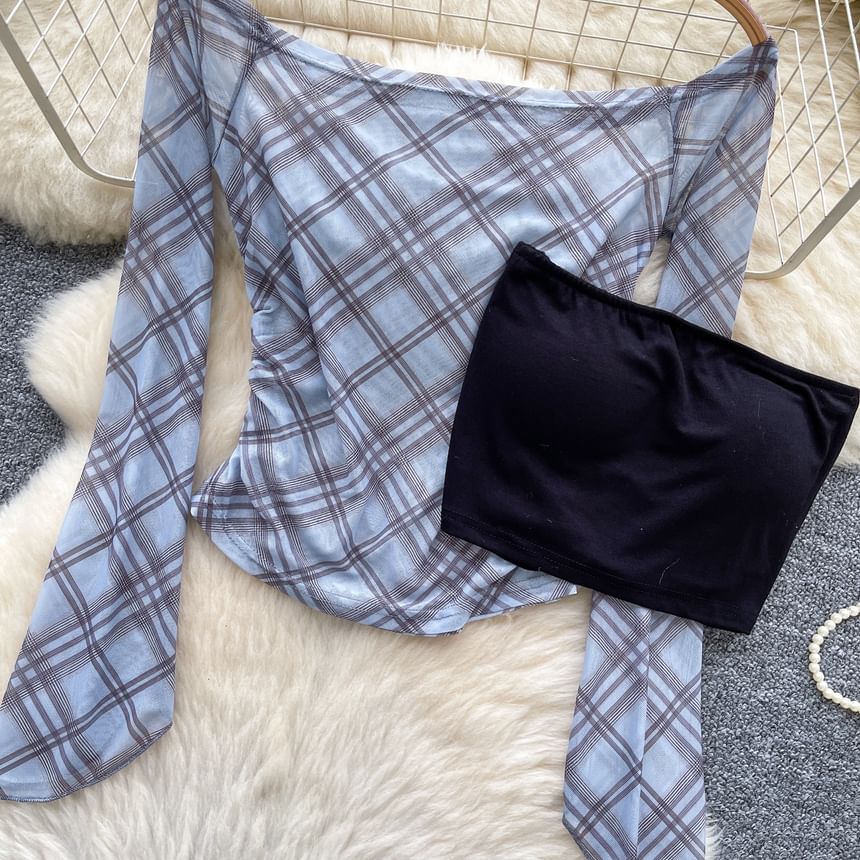 Flared-Sleeved Off-Shoulder Plaid Tee with Plain Tube Top Set