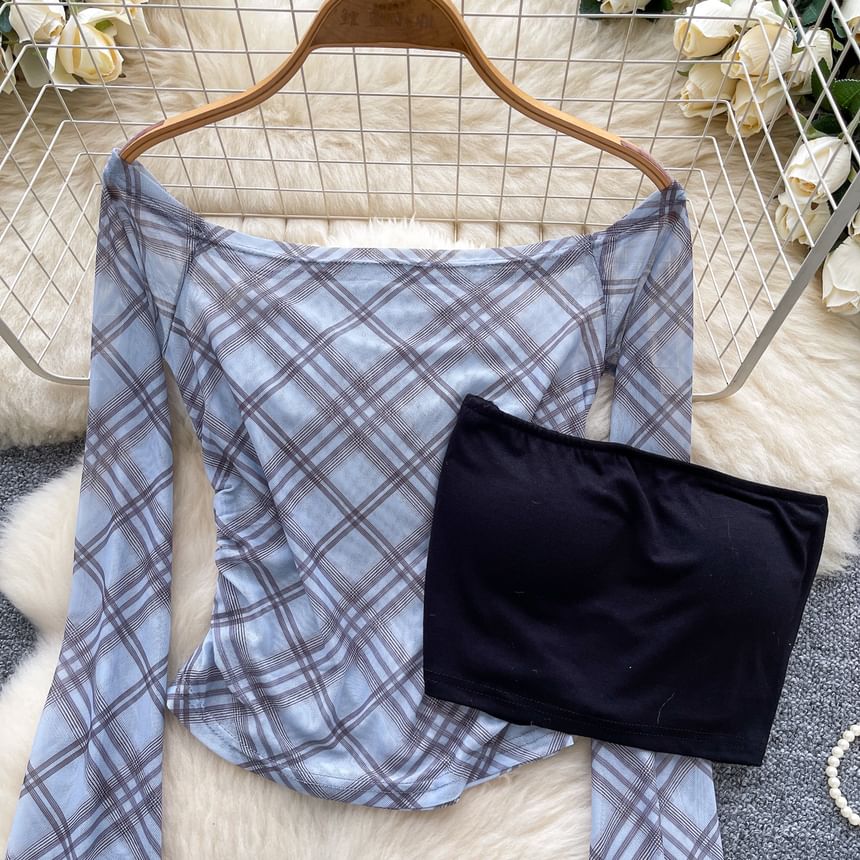 Flared-Sleeved Off-Shoulder Plaid Tee with Plain Tube Top Set