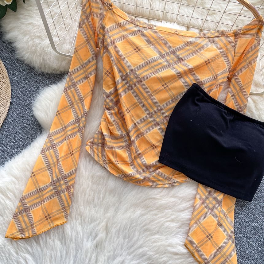 Flared-Sleeved Off-Shoulder Plaid Tee with Plain Tube Top Set