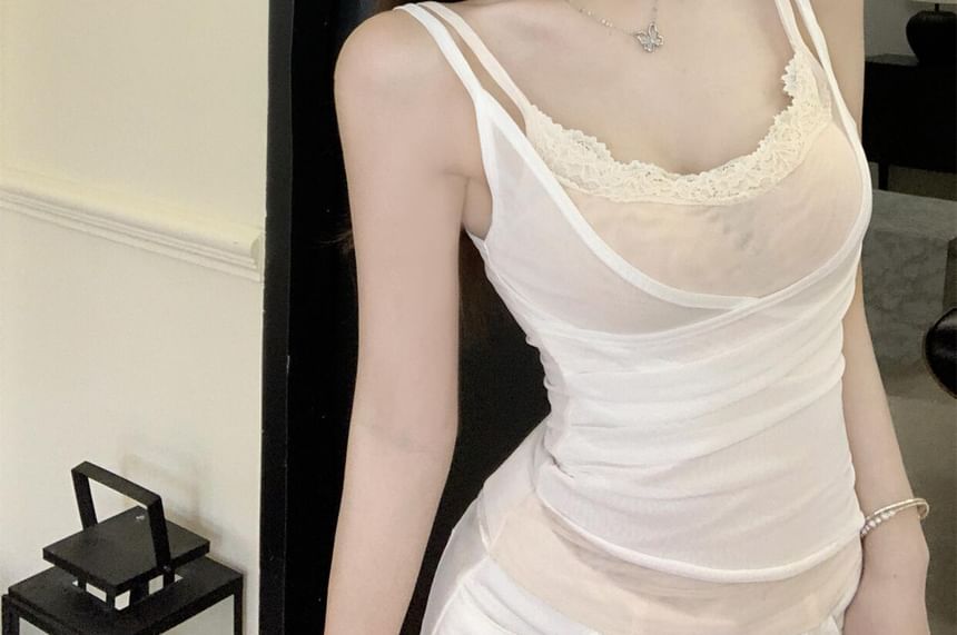 Two-Tone Lace Panel Mesh Camisole Top