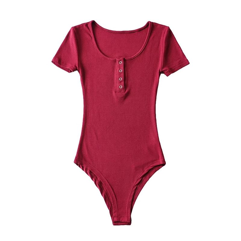 Scoop-Neck Short-Sleeved Plain Bodysuit Top