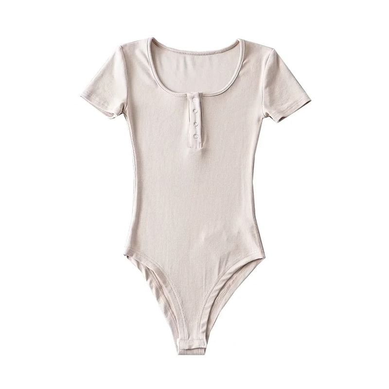 Scoop-Neck Short-Sleeved Plain Bodysuit Top