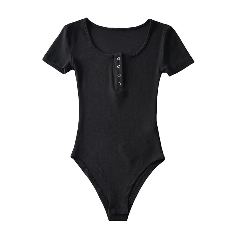 Scoop-Neck Short-Sleeved Plain Bodysuit Top