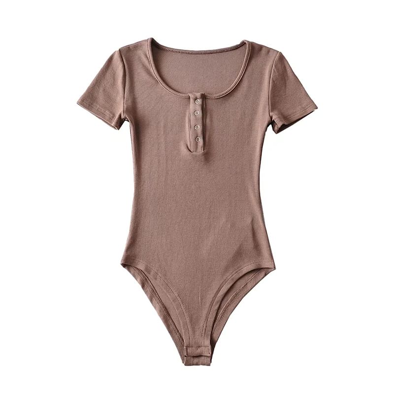 Scoop-Neck Short-Sleeved Plain Bodysuit Top