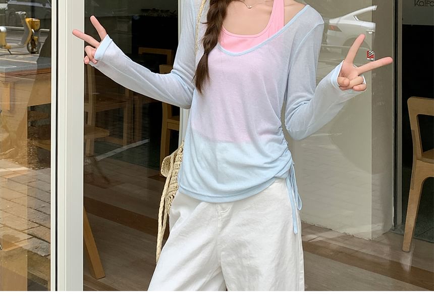 Long-Sleeved Scoop-Neck Plain Top with Halter Tank Set