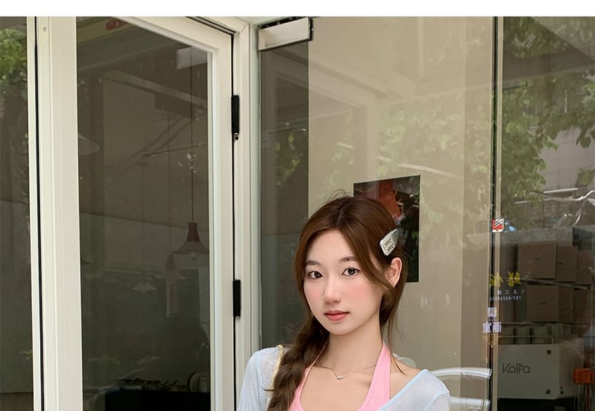 Long-Sleeved Scoop-Neck Plain Top with Halter Tank Set