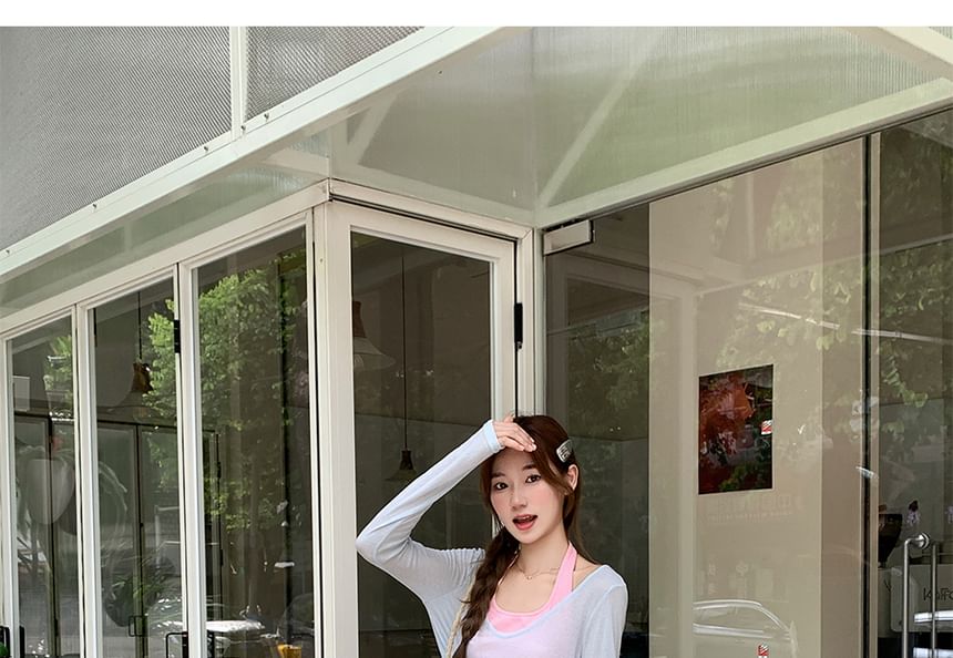 Long-Sleeved Scoop-Neck Plain Top with Halter Tank Set
