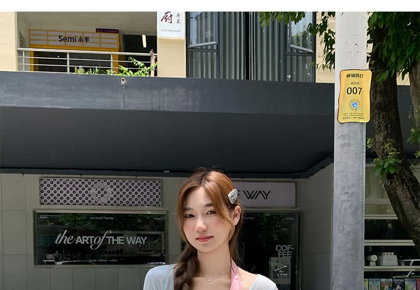 Long-Sleeved Scoop-Neck Plain Top with Halter Tank Set