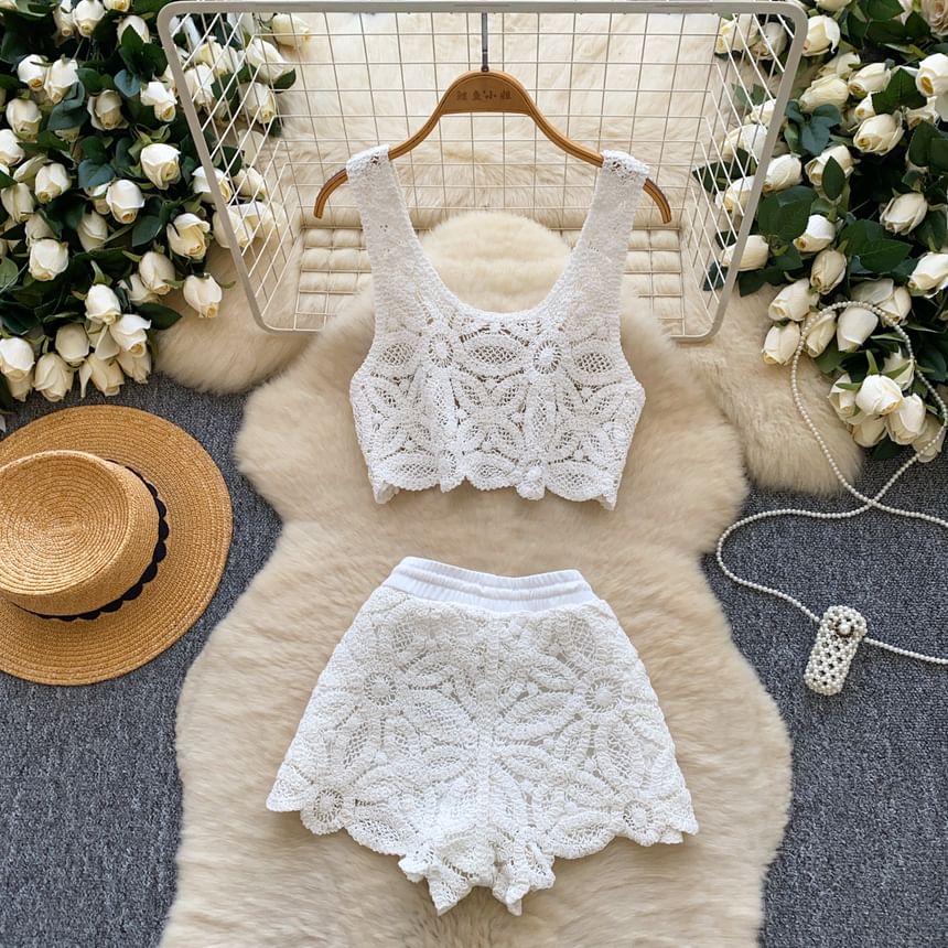 Sleeveless Lace Cropped Top and Shorts Set
