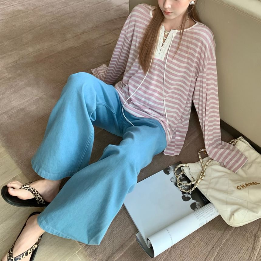 Striped Lace-Up Long-Sleeved Tee