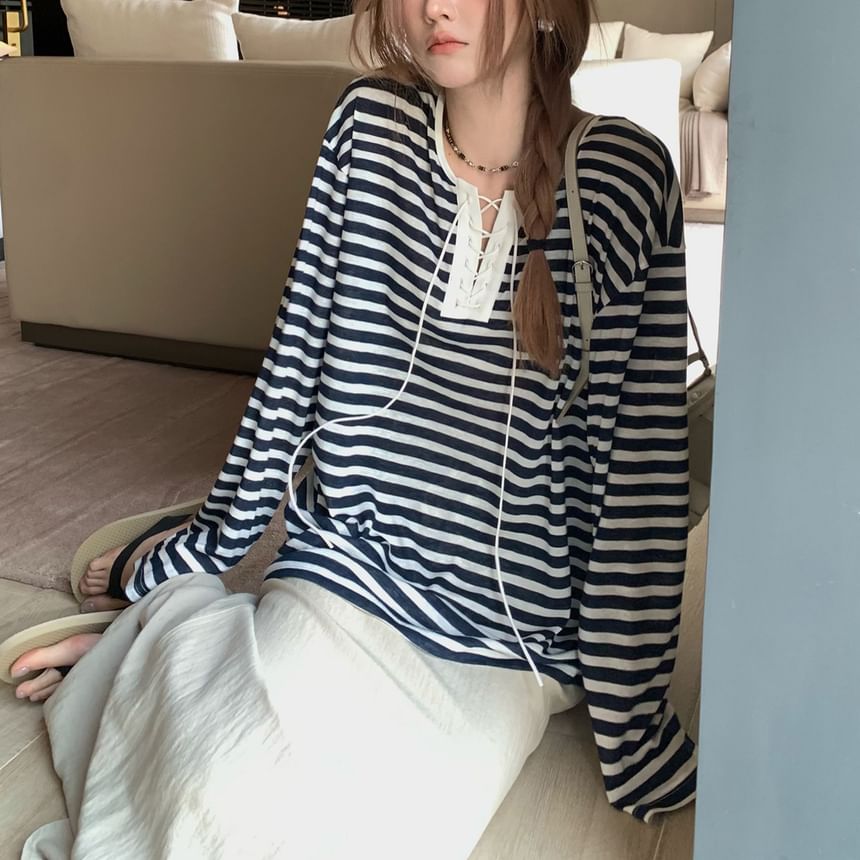 Striped Lace-Up Long-Sleeved Tee