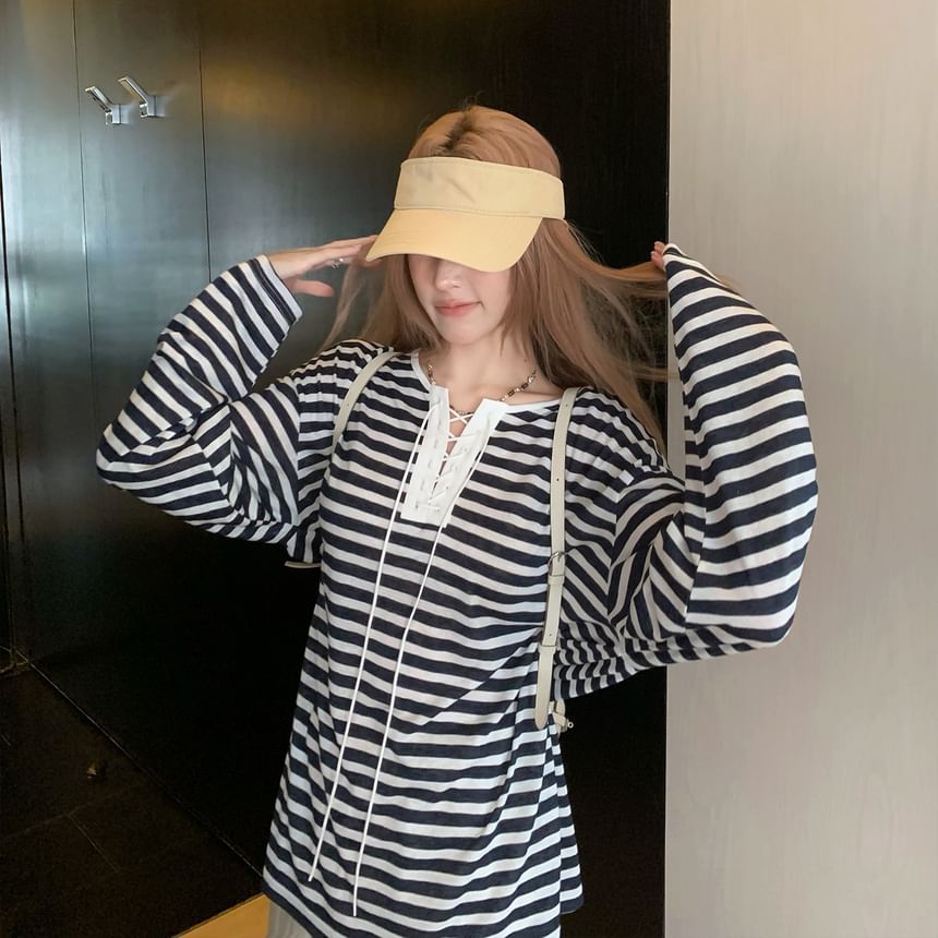 Striped Lace-Up Long-Sleeved Tee