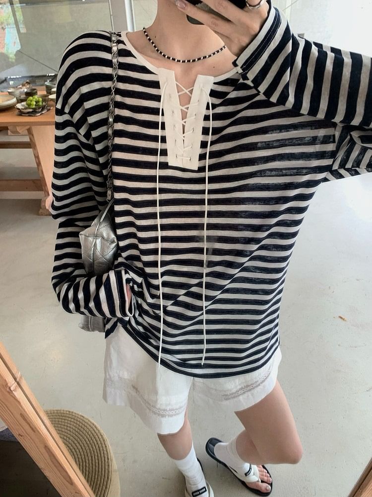 Striped Lace-Up Long-Sleeved Tee