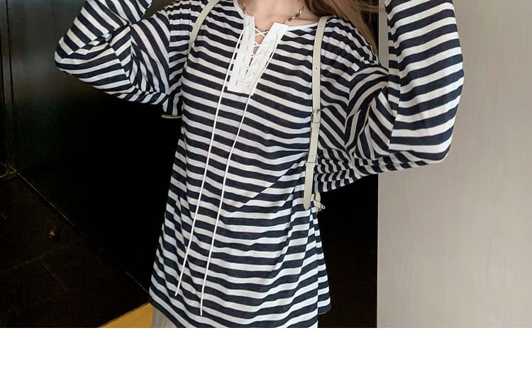 Striped Lace-Up Long-Sleeved Tee