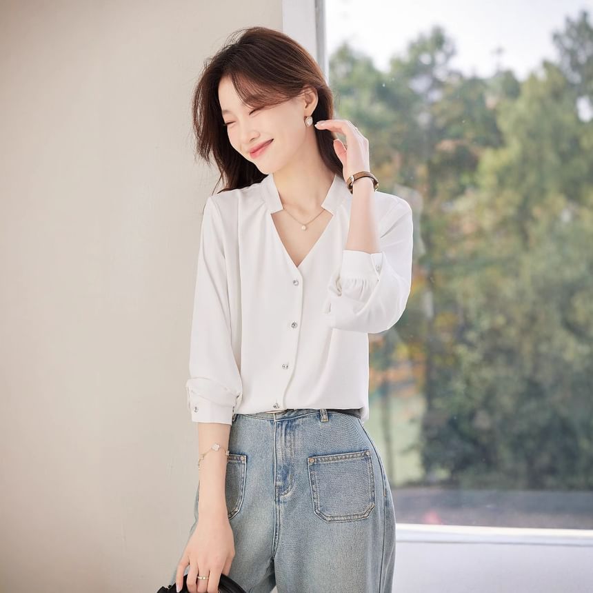 Plain V-Neck Long-Sleeved Blouse