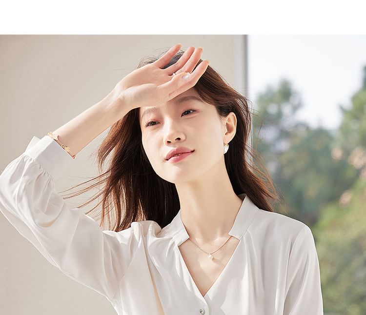 Plain V-Neck Long-Sleeved Blouse