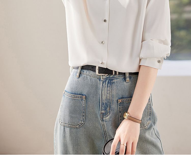 Plain V-Neck Long-Sleeved Blouse