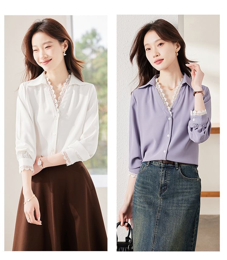Collared V-Neck Lace-Trimmed Long-Sleeved Shirt
