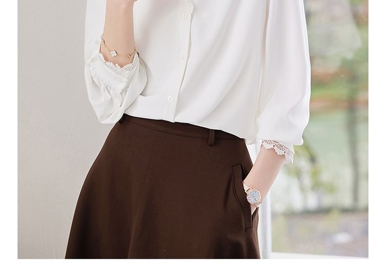 Collared V-Neck Lace-Trimmed Long-Sleeved Shirt
