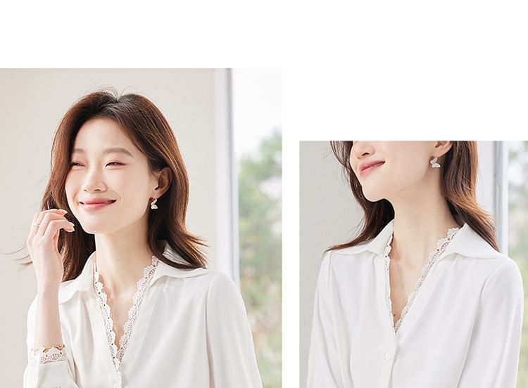 Collared V-Neck Lace-Trimmed Long-Sleeved Shirt