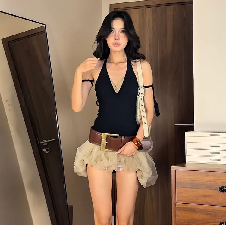 Plain V-Neck Sleeveless Top & Low-Rise Sheer Mini Skirt