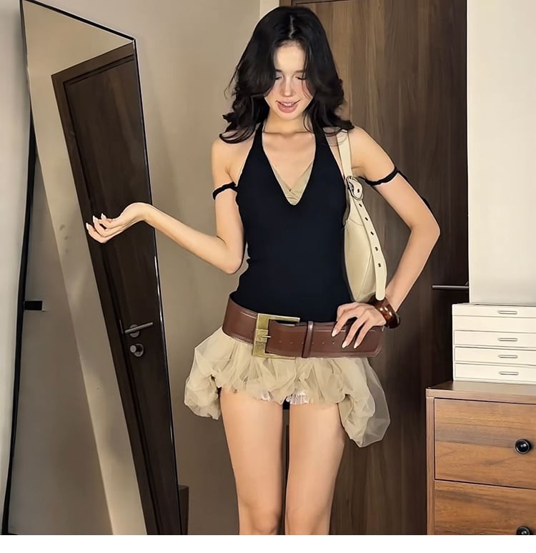Plain V-Neck Sleeveless Top & Low-Rise Sheer Mini Skirt