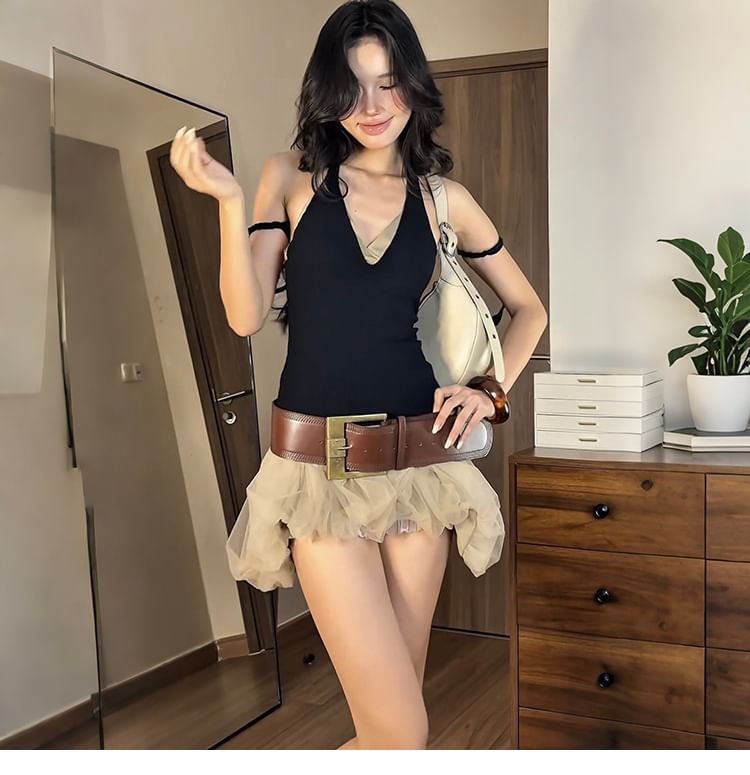 Plain V-Neck Sleeveless Top & Low-Rise Sheer Mini Skirt