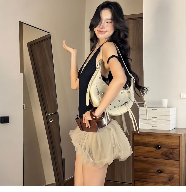 Plain V-Neck Sleeveless Top & Low-Rise Sheer Mini Skirt