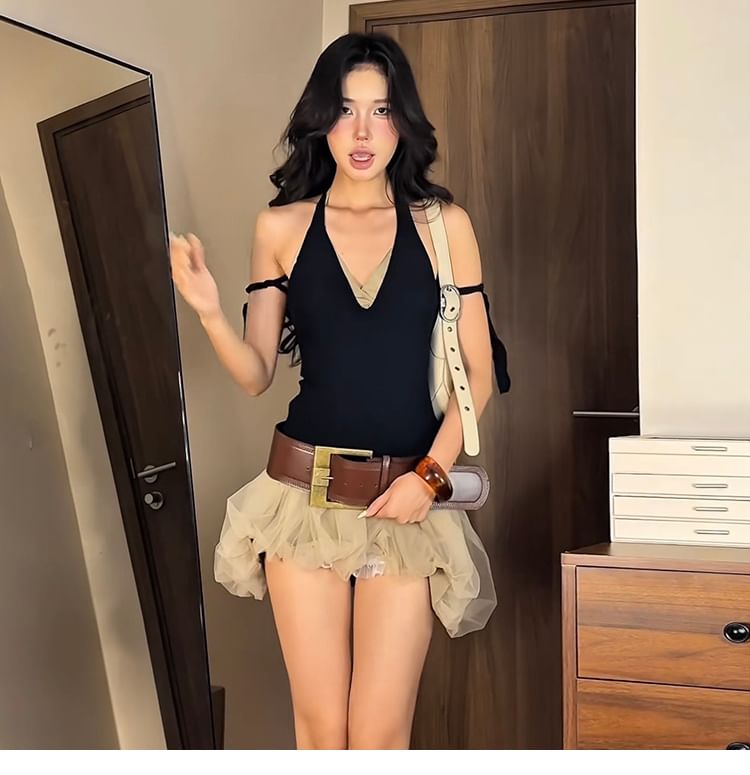 Plain V-Neck Sleeveless Top & Low-Rise Sheer Mini Skirt
