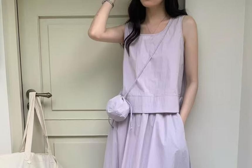 Plain Crew-Neck Sleeveless Top, Crossbody Bag & High-Rise Maxi A-Line Skirt Set