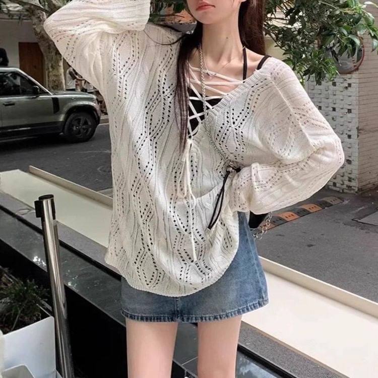 Long Sleeve V-Neck Lace-Up Knit Top