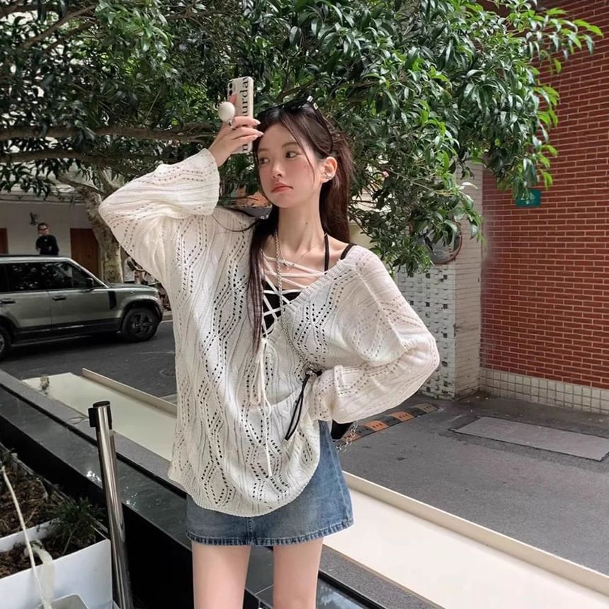 Long Sleeve V-Neck Lace-Up Knit Top