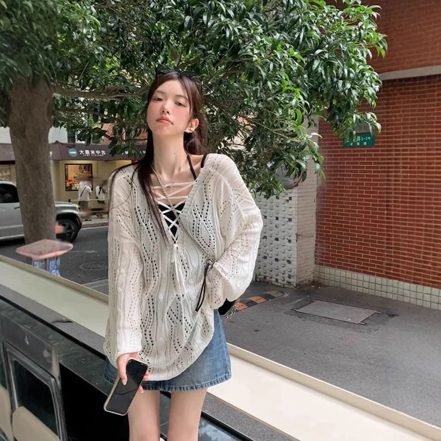 Long Sleeve V-Neck Lace-Up Knit Top