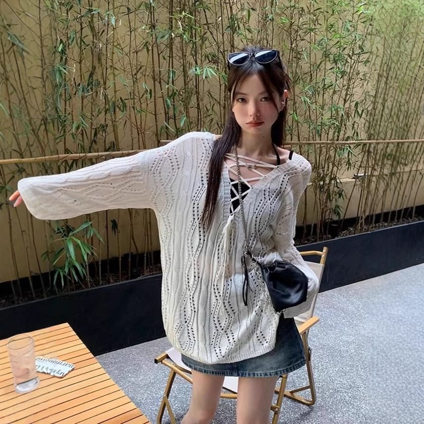 Long Sleeve V-Neck Lace-Up Knit Top