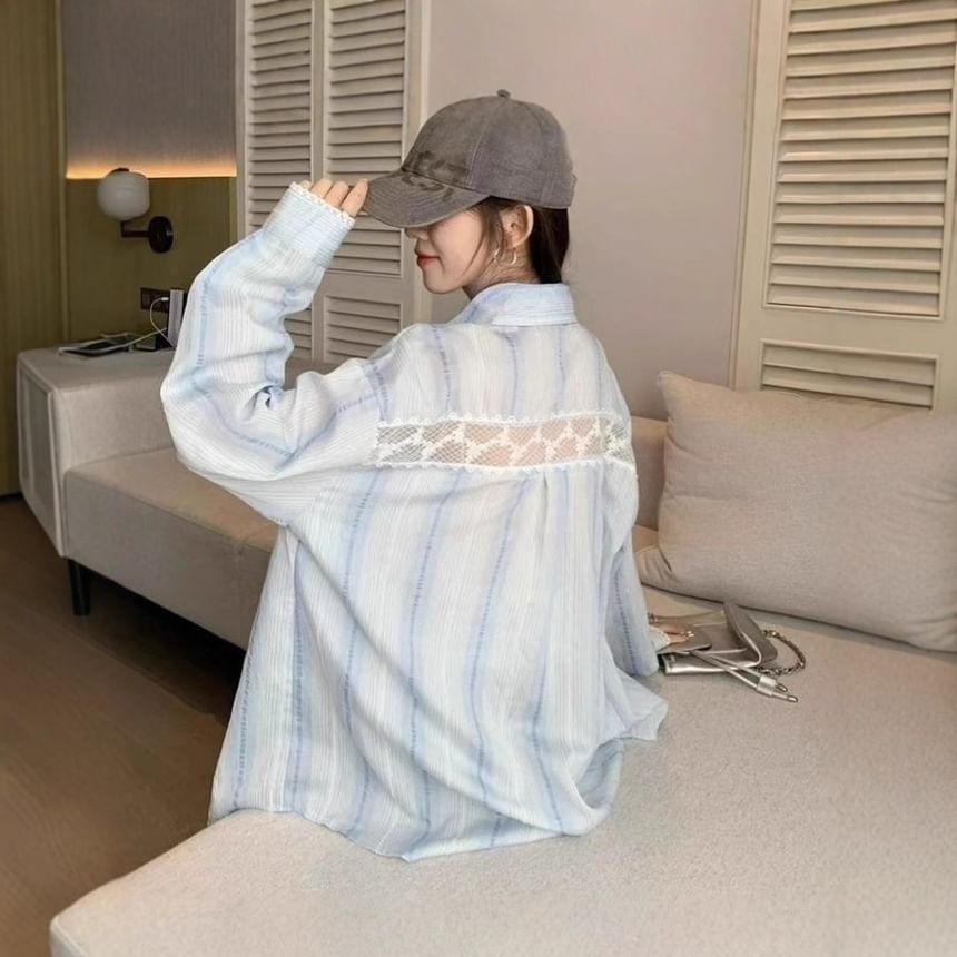 Striped Lace Panel Button-Up Long Sleeve Shirt