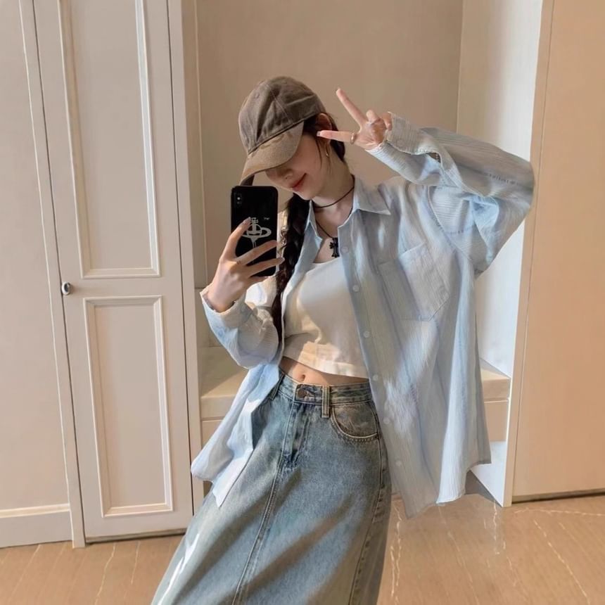 Striped Lace Panel Button-Up Long Sleeve Shirt