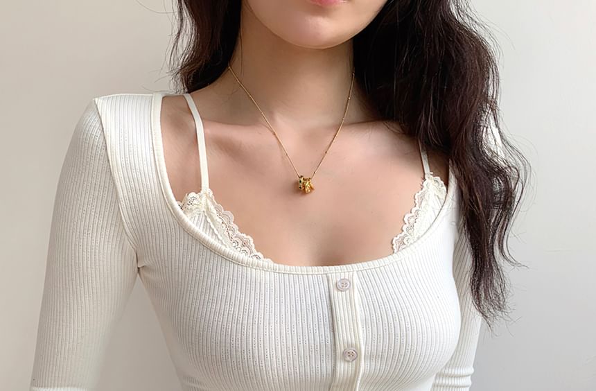 Mock Two-Piece Long Sleeve Scoop Neck Lace Trim Ribbed Tee